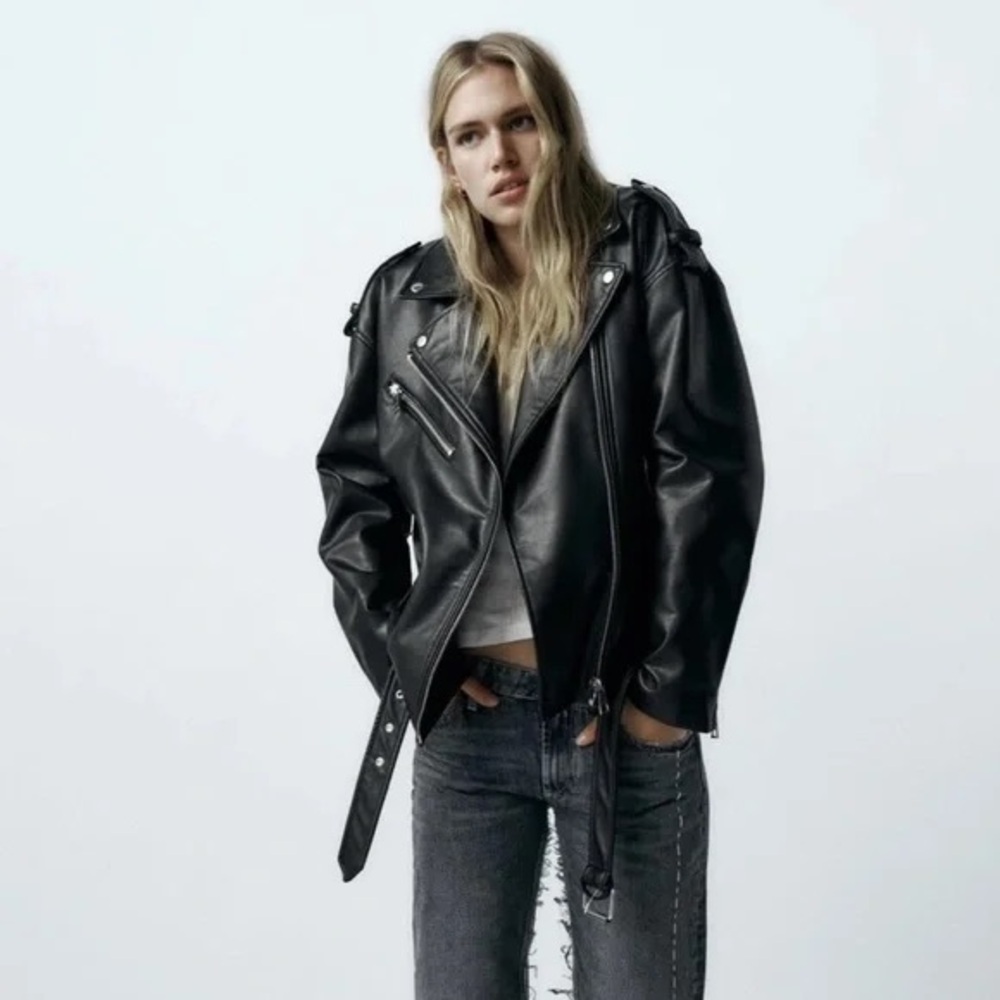 Zara Faux Leather Oversized Moto Jacket size Medium - Picture 2 of 6